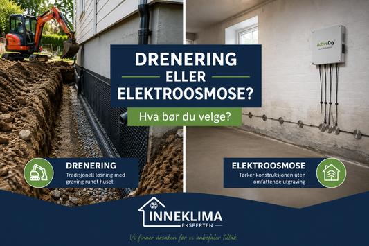 Illustrasjon av tradisjonell drenering og elektroosmose ved fukt i kjeller