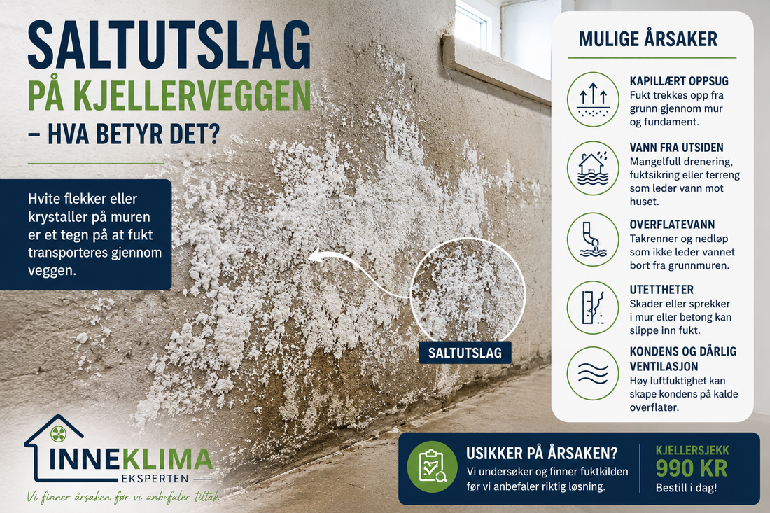 Saltutslag på kjellervegg med hvite krystaller og synlige fukttegn