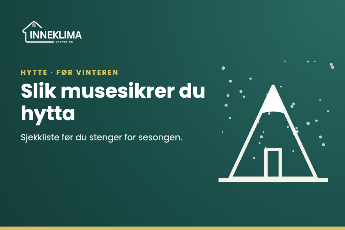 Illustrasjon av en hytte med snø på taket – musesikring før vinteren