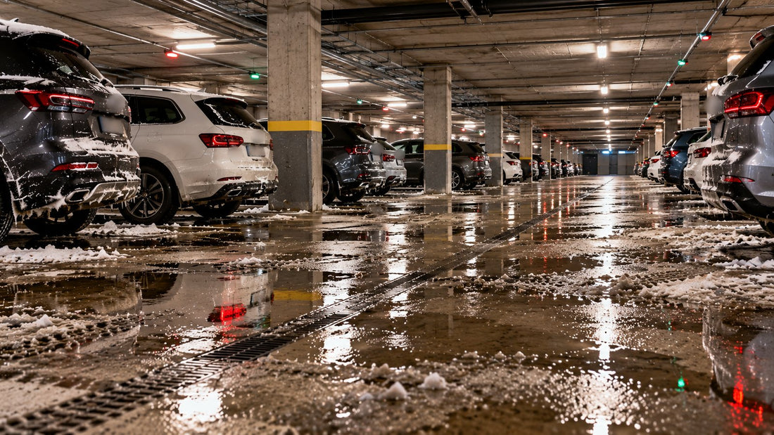 Parkeringsanlegg under et boligkompleks med snødekte biler, smeltevann og slaps på betonggulvet og en dreneringsrenne.