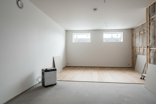 Kjellerleilighet under oppussing med mindre kjellervinduer, ventilasjon og avfukter