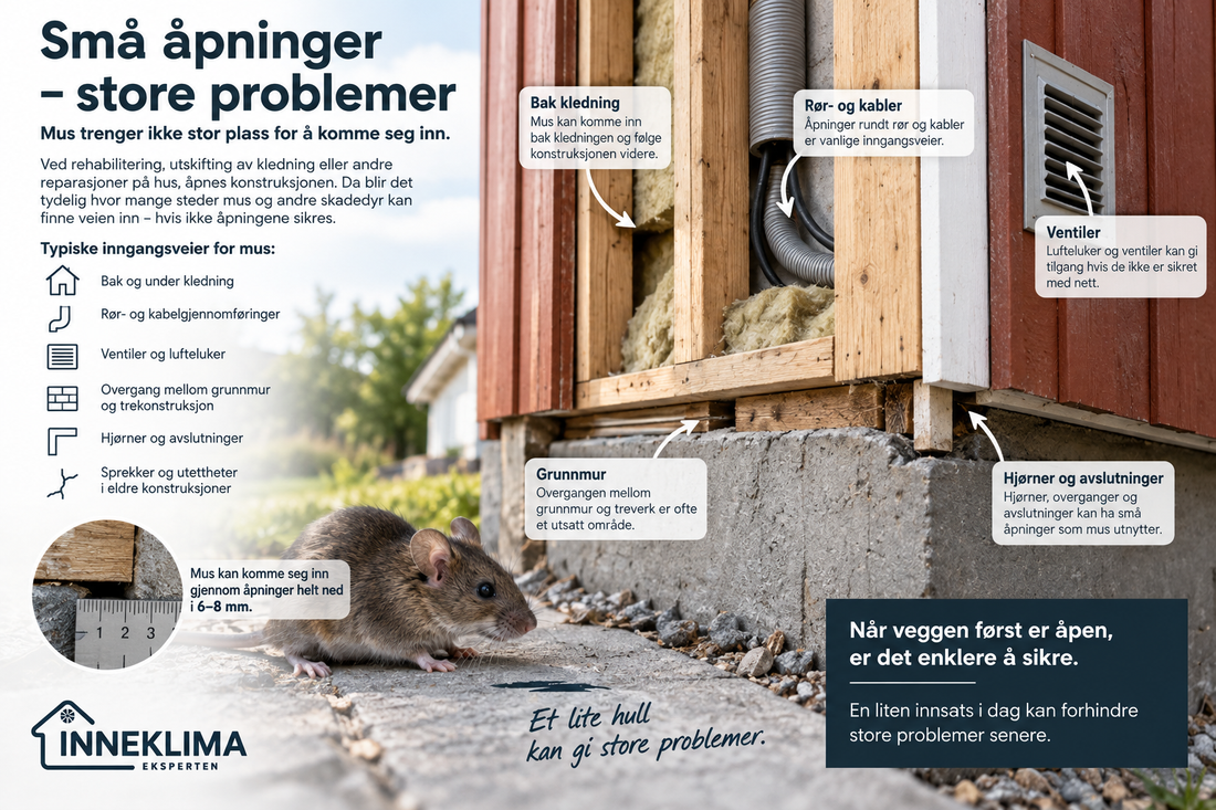 Infografikk over typiske inngangsveier for mus i en åpen vegg: bak kledning, rør og kabler, ventiler, grunnmur og hjørner