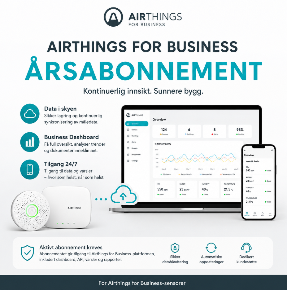 Airthings for Business årsabonnement – Business Dashboard med kontinuerlig inneklimaovervåking, data i skyen og tilgang 24/7