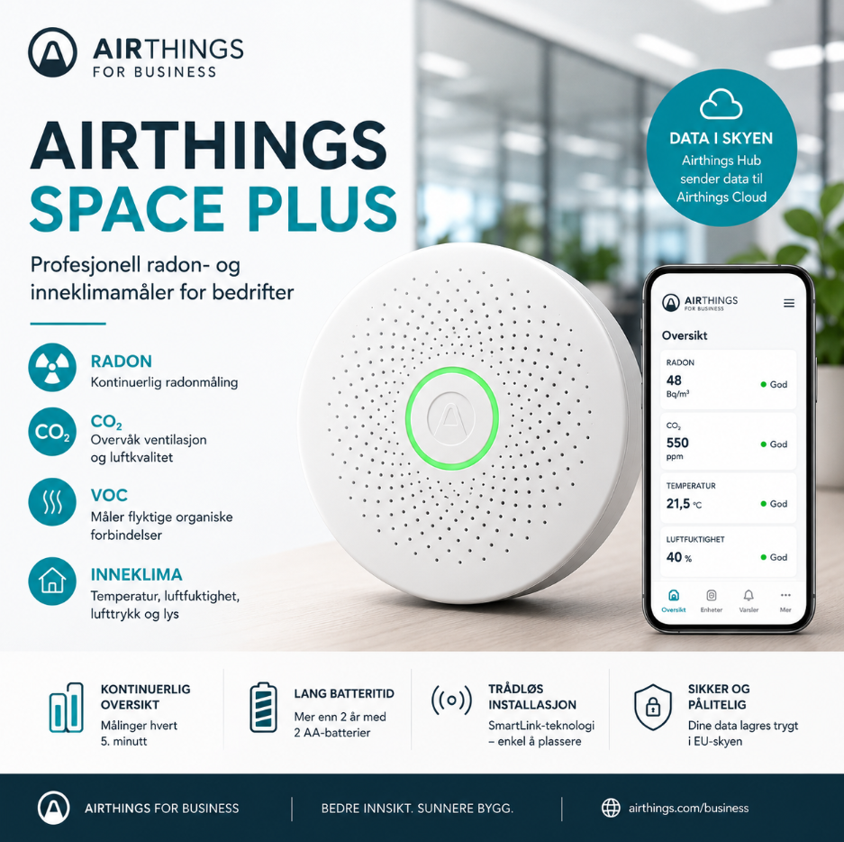 Airthings Space Plus – profesjonell radon- og inneklimamåler for bedrifter. Måler radon, CO₂, VOC, temperatur, luftfuktighet, lufttrykk og lys. Data i skyen hvert 5. minutt via Airthings for Business.