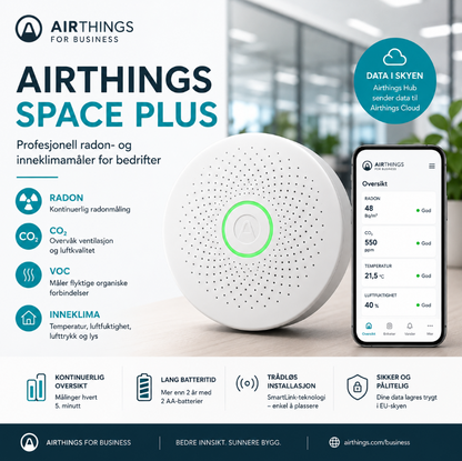 Airthings Space Plus – profesjonell radon- og inneklimamåler for bedrifter. Måler radon, CO₂, VOC, temperatur, luftfuktighet, lufttrykk og lys. Data i skyen hvert 5. minutt via Airthings for Business.