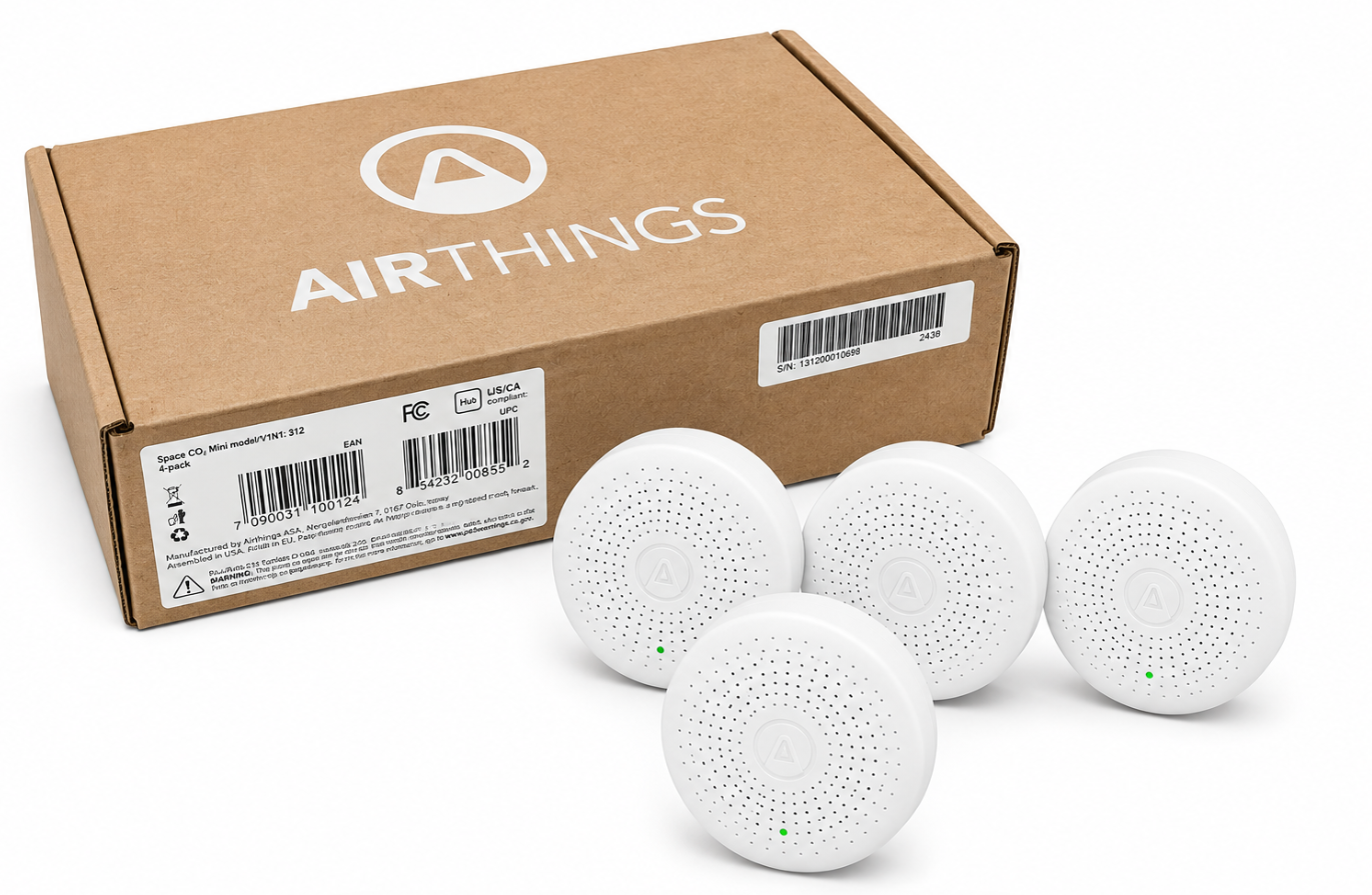 Airthings Space CO₂ Mini 4-pack – fire trådløse inneklimamålere med eske. Måler CO₂, temperatur, luftfuktighet og lydnivå. Modell 311 (EU). For kontorer, klasserom og næringsbygg.