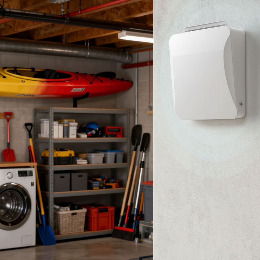 Arida Base 110 WiFi romventilator montert i kjellerbod med automatisk fuktstyring