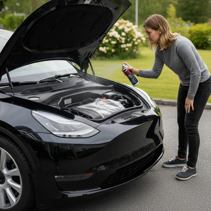 Kvinne sprayer Gnagerskrekk i motorrom Tesla