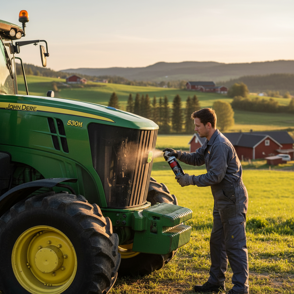 Mann sprayer Gnagerskrekk på traktor