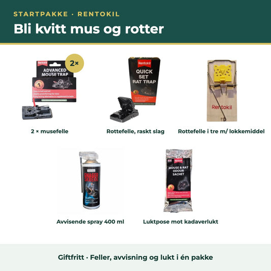 Startpakke mot mus og rotter fra Rentokil – musefeller, rottefeller, spray og luktpose